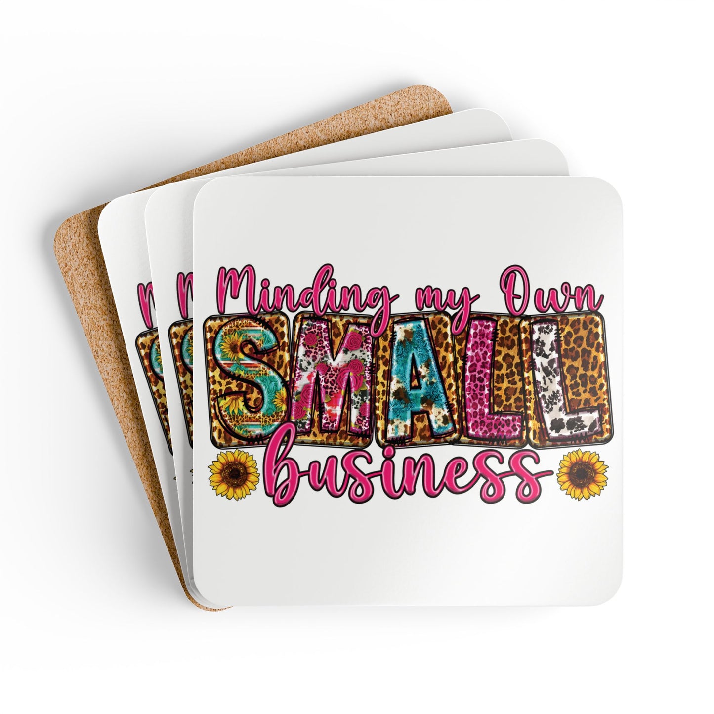 Minding My Own Business |4- Piece Corkwood Coaster Set| White
