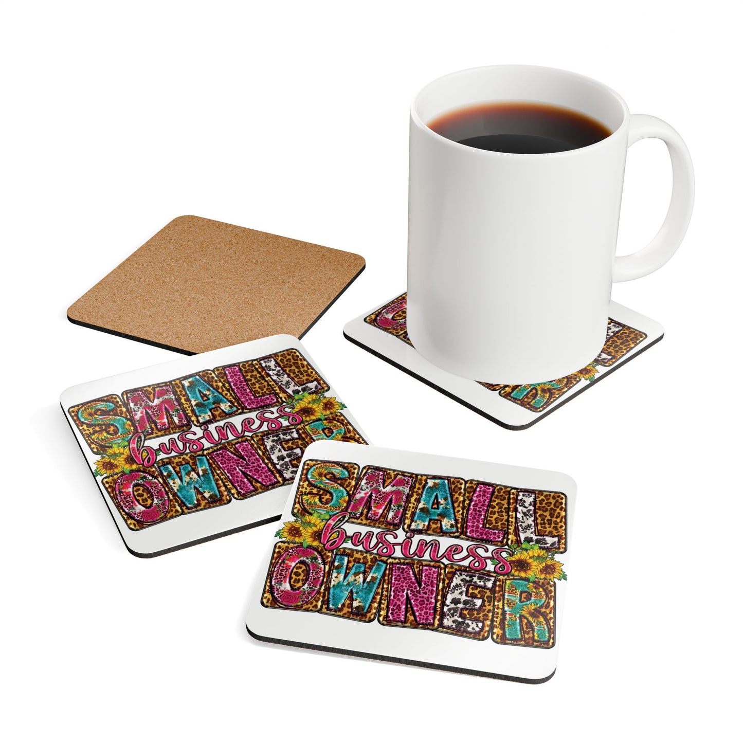 Small Business Owner |4- Piece Corkwood Coaster Set| White | Version 2