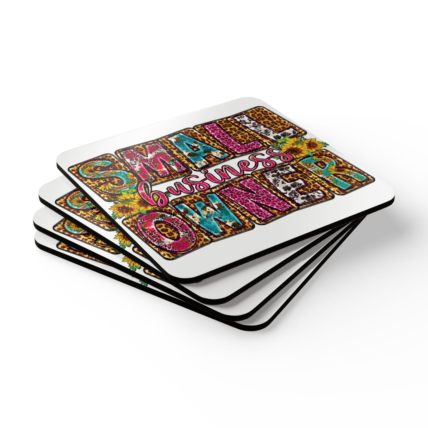 Small Business Owner |4- Piece Corkwood Coaster Set| White | Version 2
