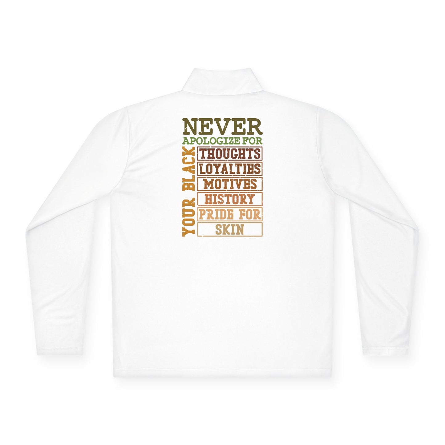 Never Apologize For…| Version 3| Quarter Zip Pullover| 2-Sided Print