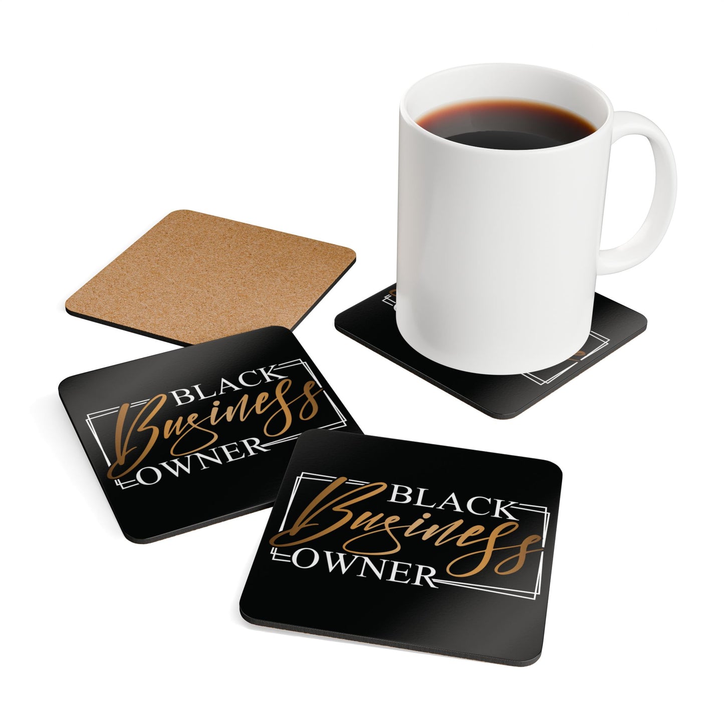 Black Business Owner | 4- Piece Corkwood Coaster Set| Black