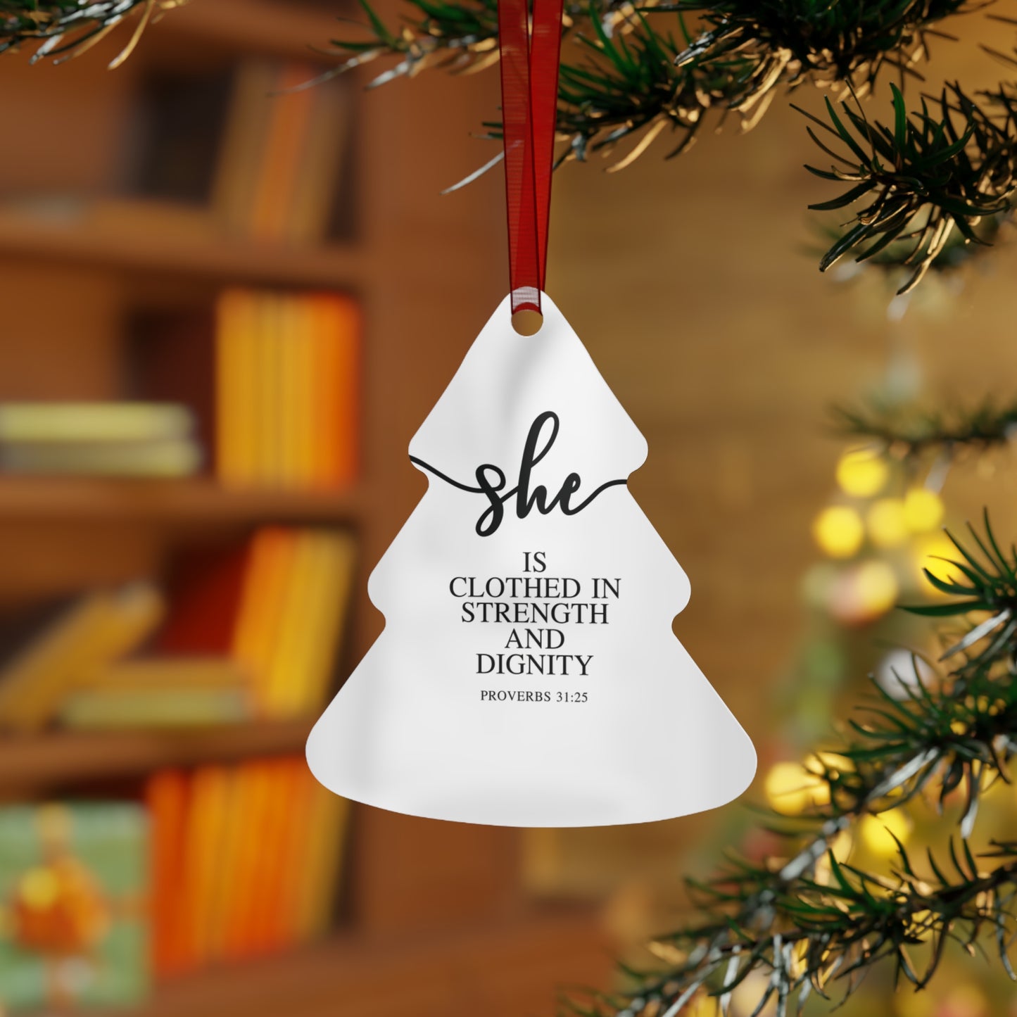 She Is - Proverbs: 31:25| Bell, Tree, Round or Oval Ornament |Metal|