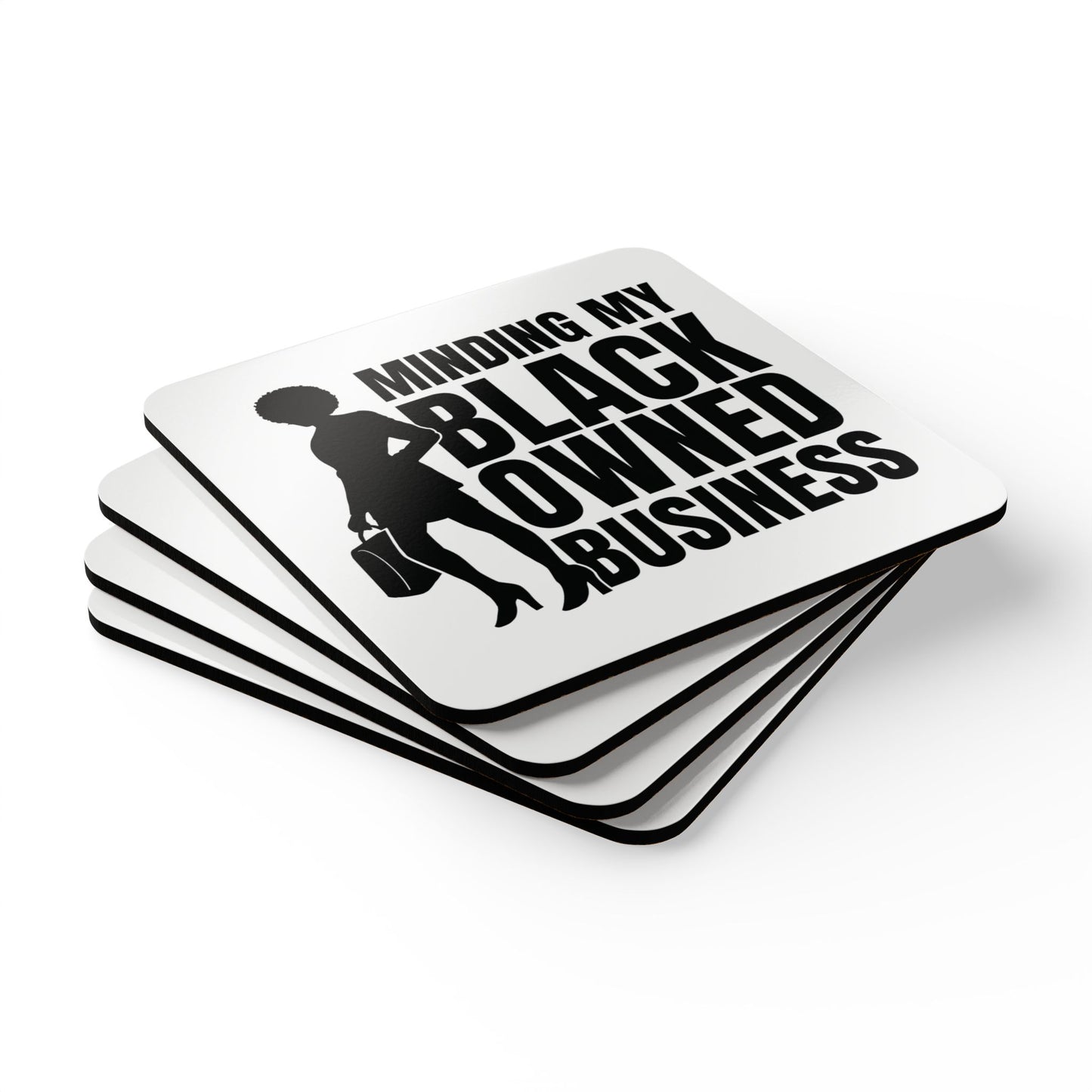 Minding My Black Owned Business | 4- Piece Corkwood Coaster Set| White | Version 1
