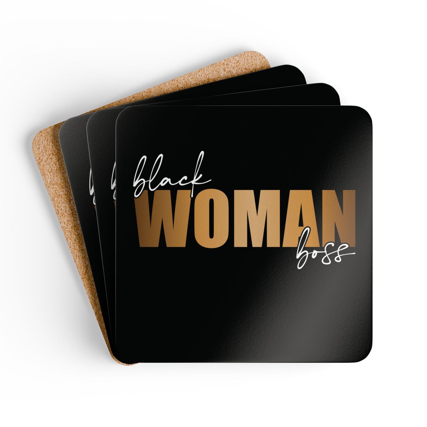 Black Woman Boss | 4- Piece Corkwood Coaster Set| Black