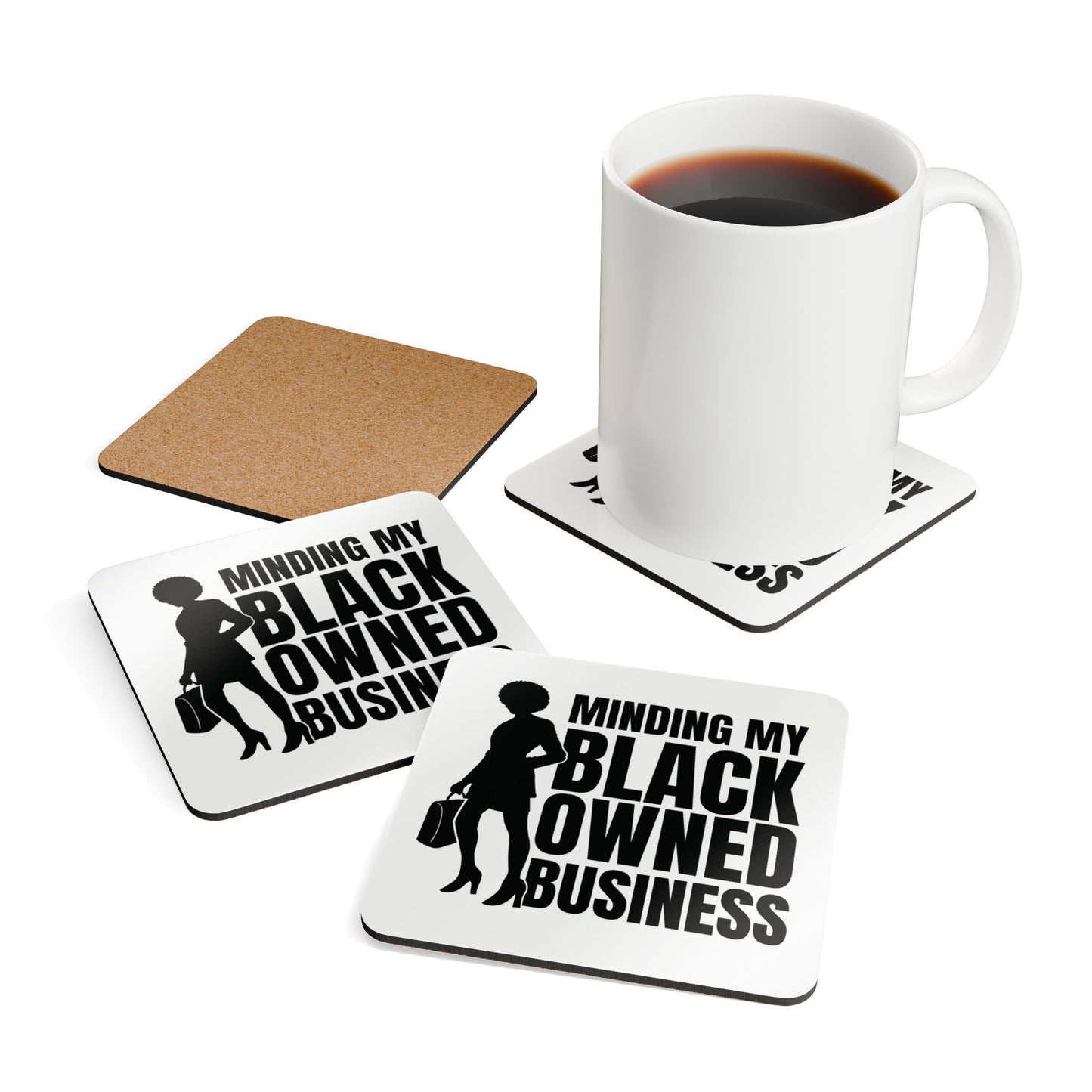 Minding My Black Owned Business | 4- Piece Corkwood Coaster Set| White | Version 1