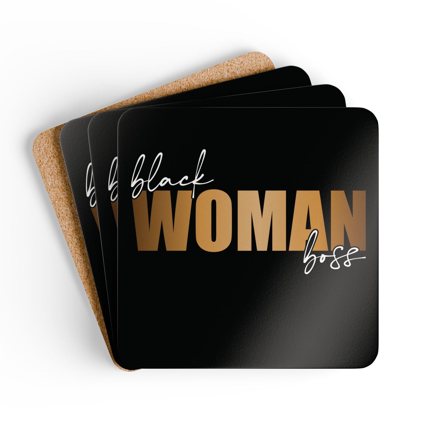 Black Women Boss | 4- Piece Corkwood Coaster Set| Black