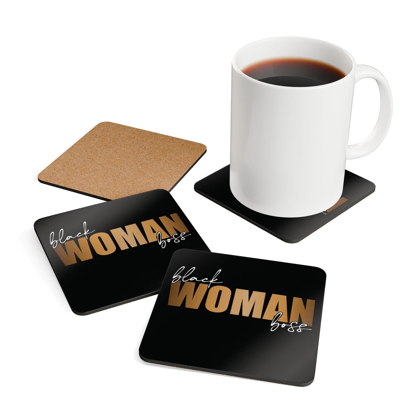 Black Women Boss | 4- Piece Corkwood Coaster Set| Black
