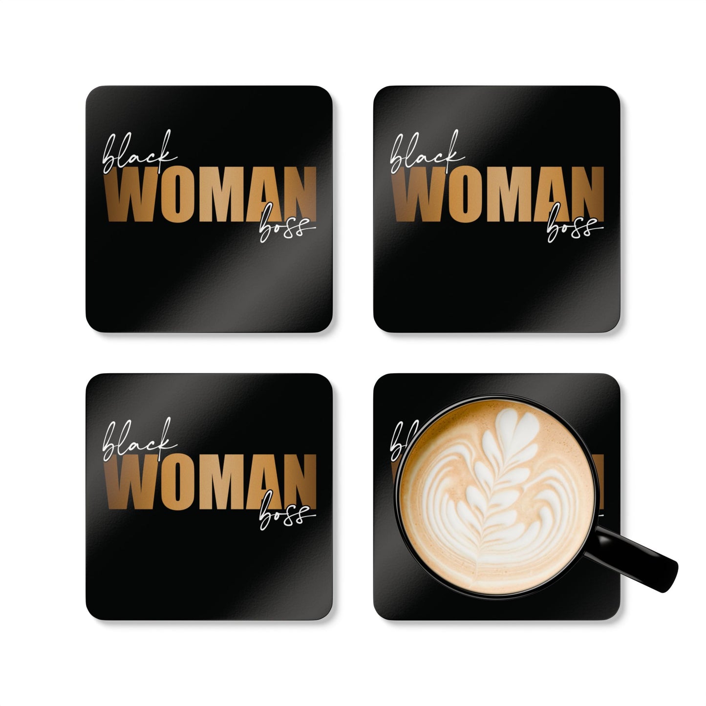 Black Woman Boss | 4- Piece Corkwood Coaster Set| Black