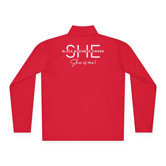 SHE IS ME | Quarter Zip Pullover | 1-Sided Print | White Font