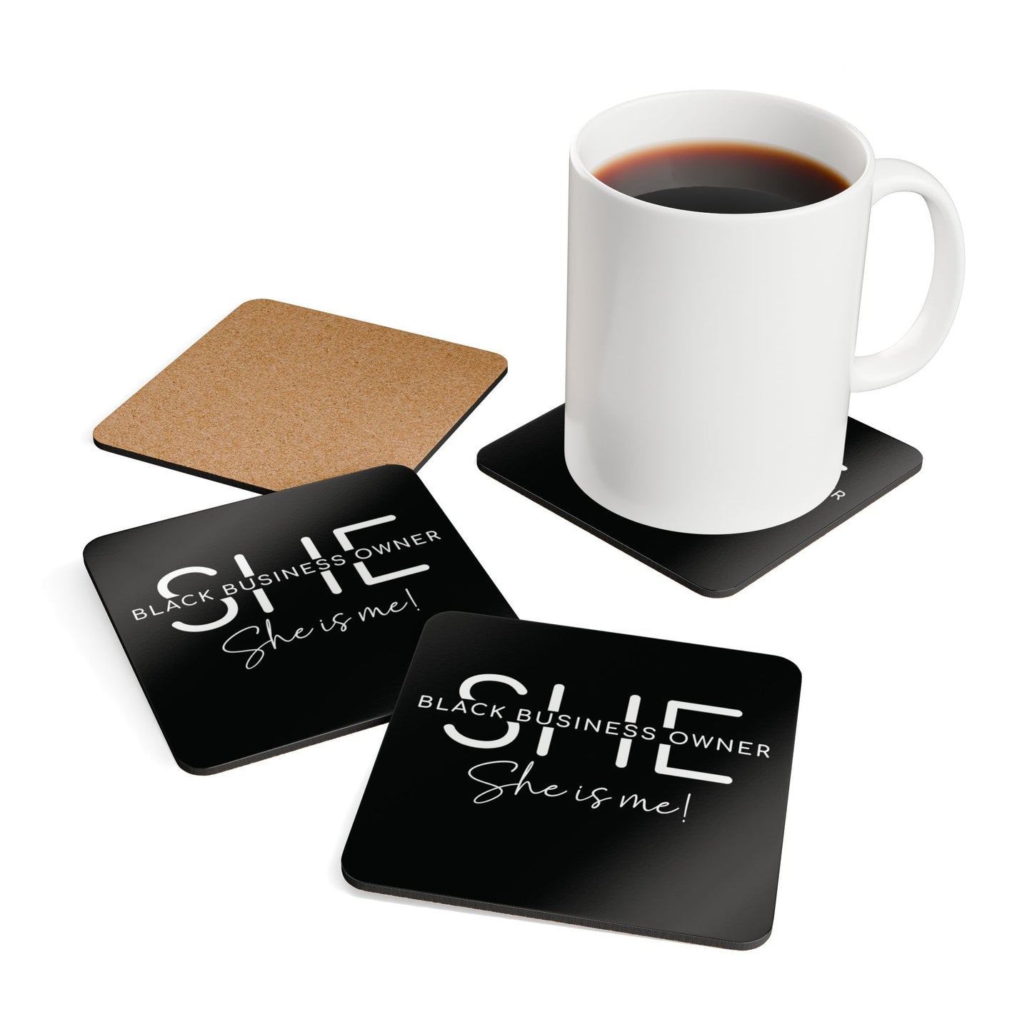 SHE IS ME |4- Piece Corkwood Coaster Set| Black | White Font