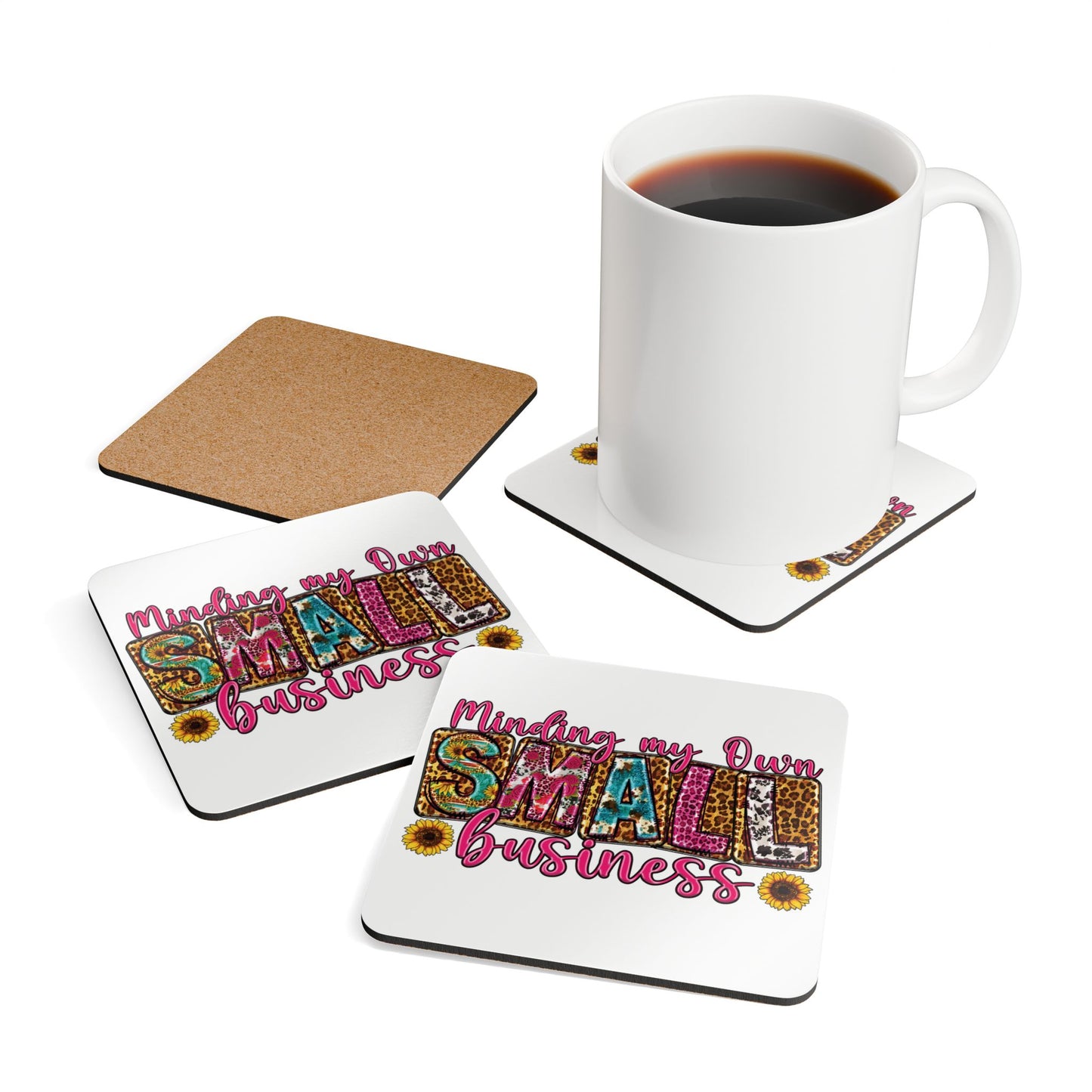 Minding My Own Business |4- Piece Corkwood Coaster Set| White