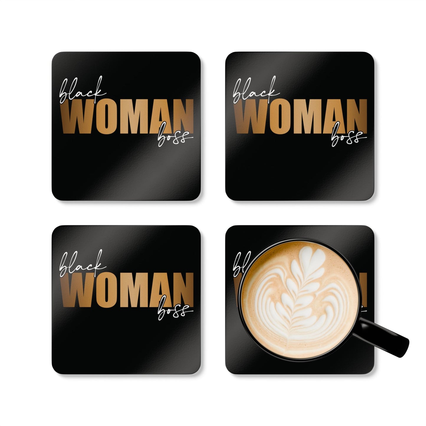 Black Women Boss | 4- Piece Corkwood Coaster Set| Black